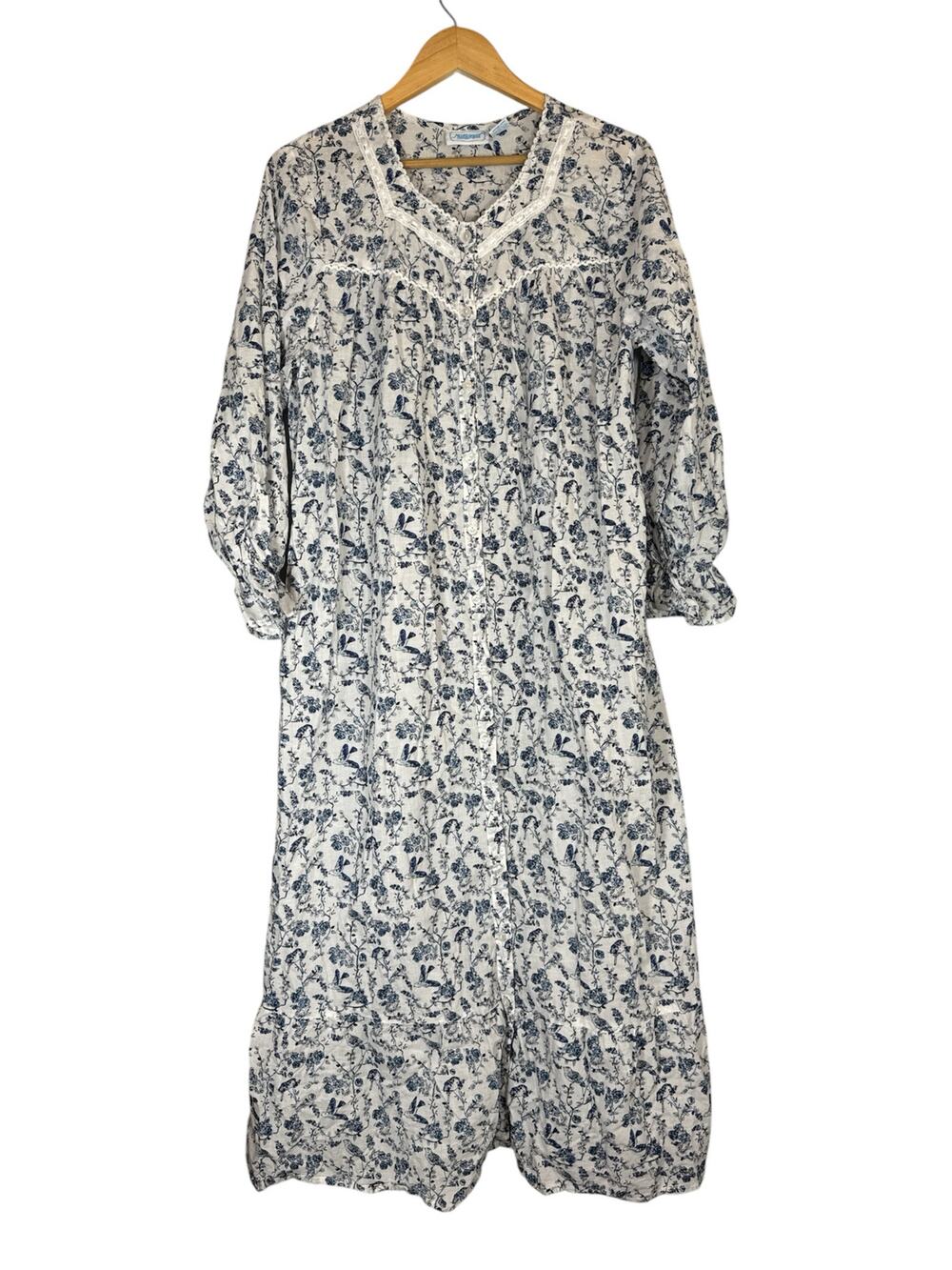 Vintage Bird Floral Print Long Nightgown Cotton Pajama Large Cottagecore Granny